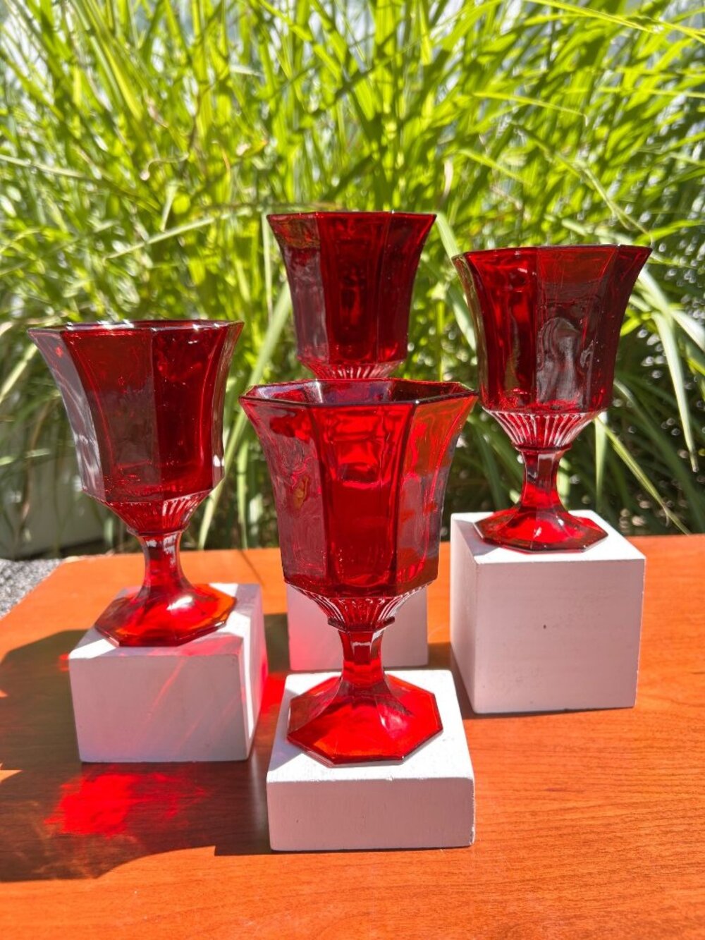Vintage Independence Ruby Red Octagonal Stemmed Wine Glasses.